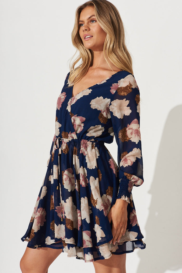 Rachel Dress In Navy With Blush Floral Chiffon - side