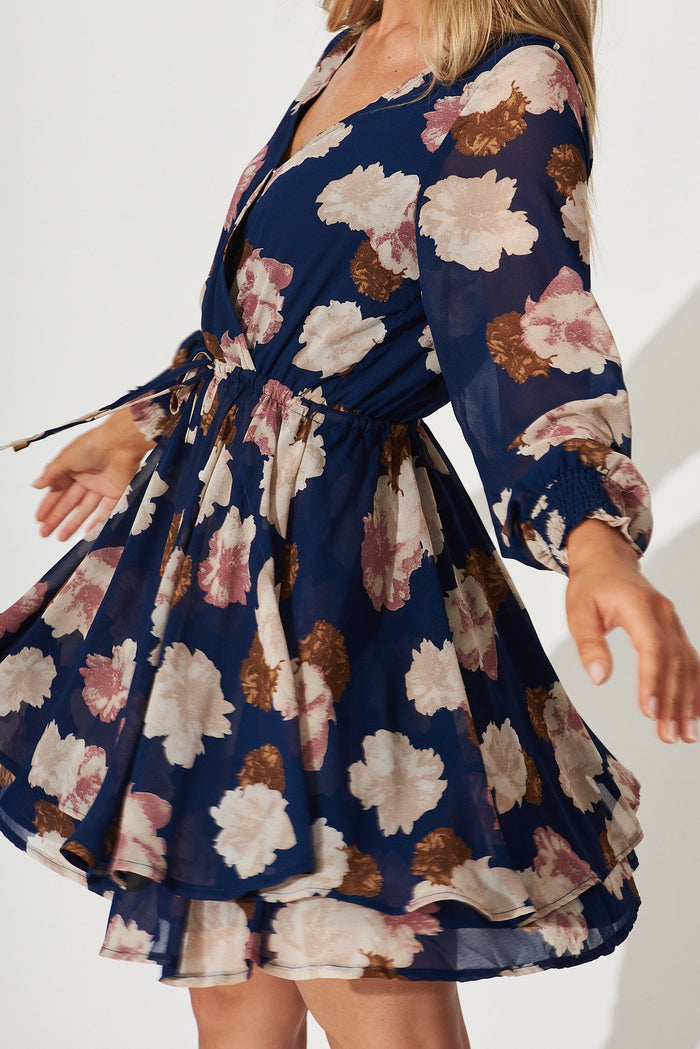 Rachel Dress In Navy With Blush Floral Chiffon - detail
