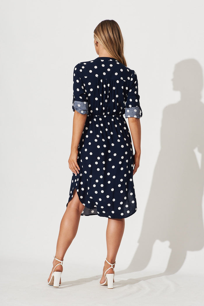 Rival Zip Dress In Navy With White Polka Dot - back