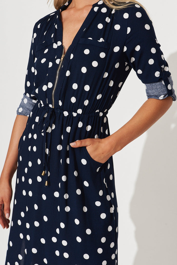 Rival Zip Dress In Navy With White Polka Dot - detail