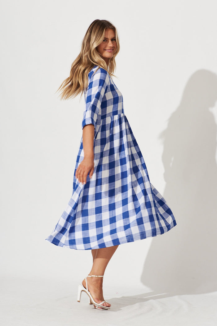 Zara Midi Dress In Cobalt Blue With White Gingham - side