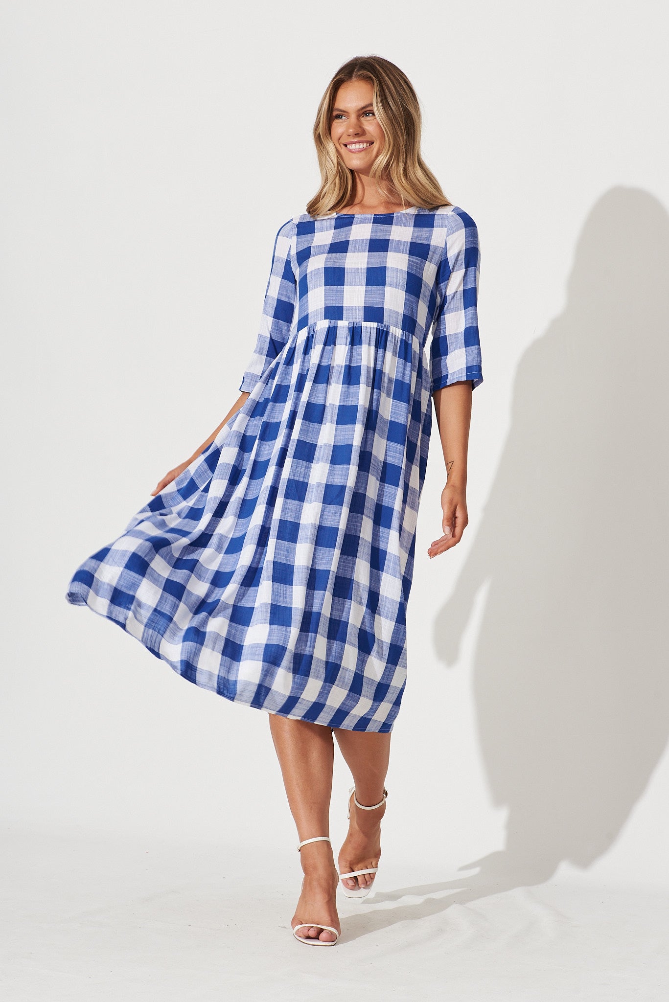 Zara Midi Dress In Cobalt Blue With White Gingham - full length