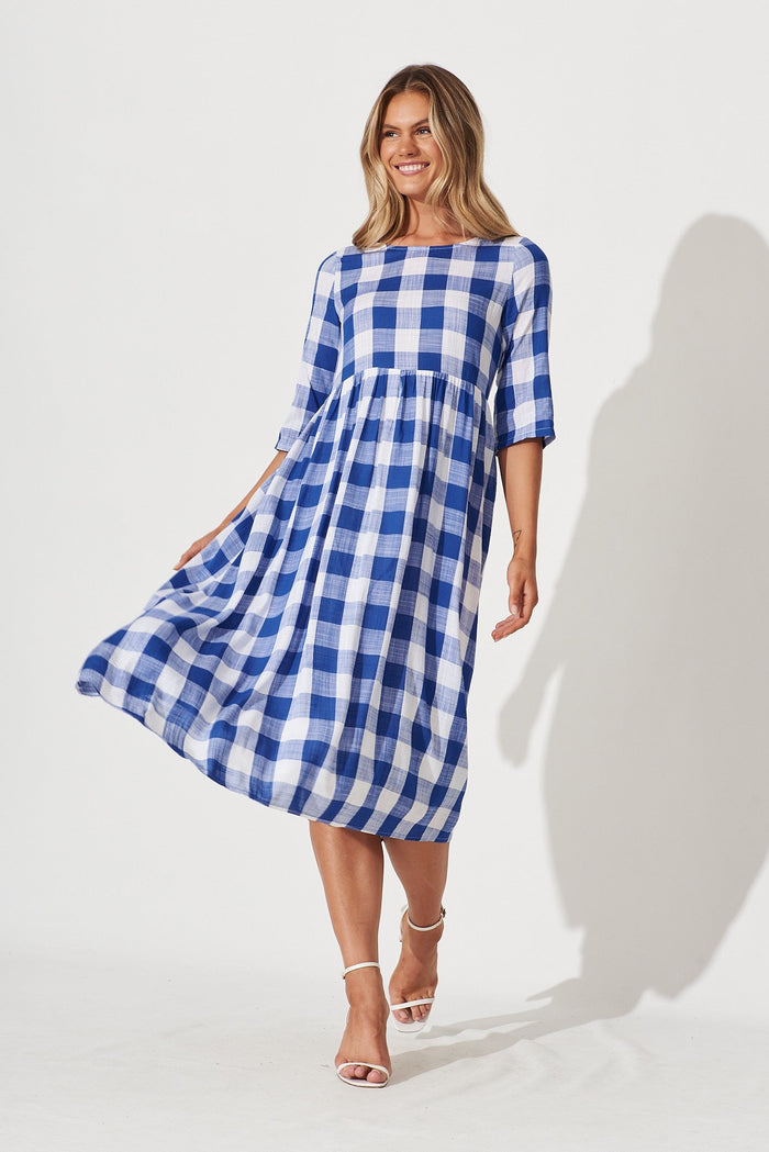 Zara Midi Dress In Cobalt Blue With White Gingham - full length