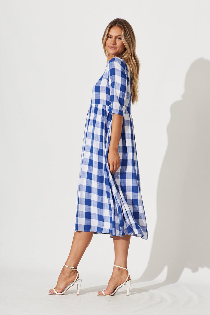 Zara Midi Dress In Cobalt Blue With White Gingham - side