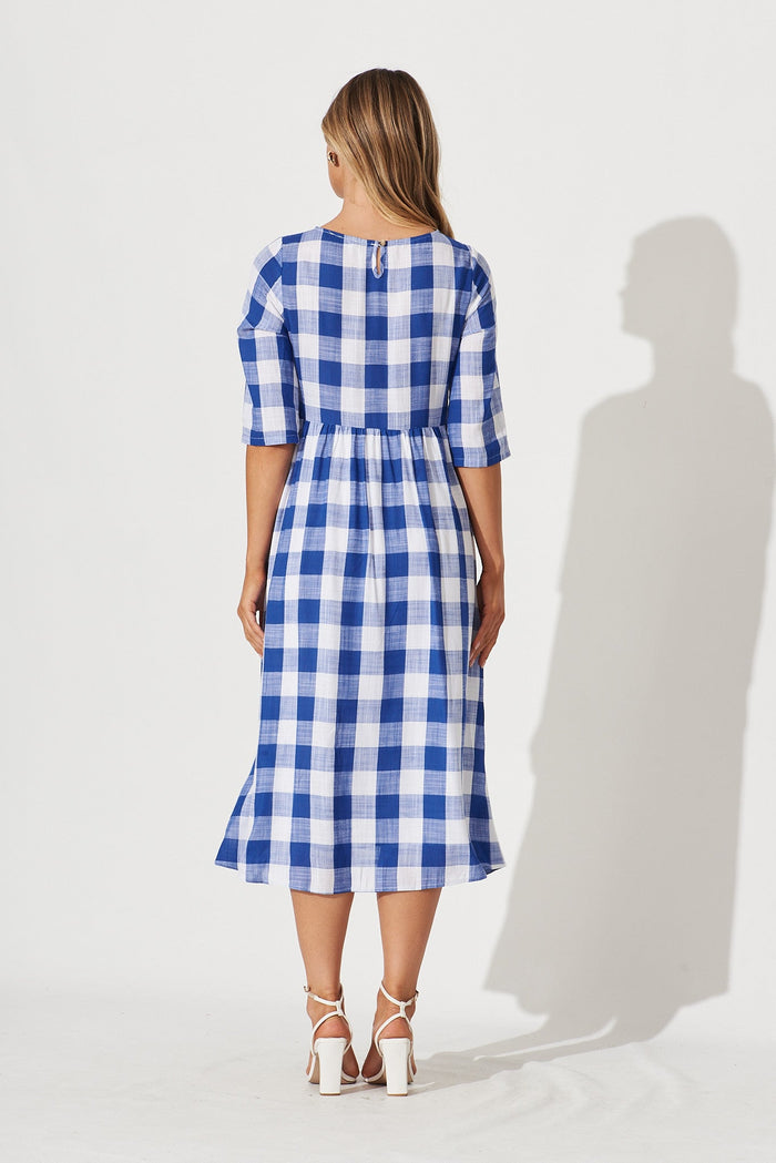 Zara Midi Dress In Cobalt Blue With White Gingham - back