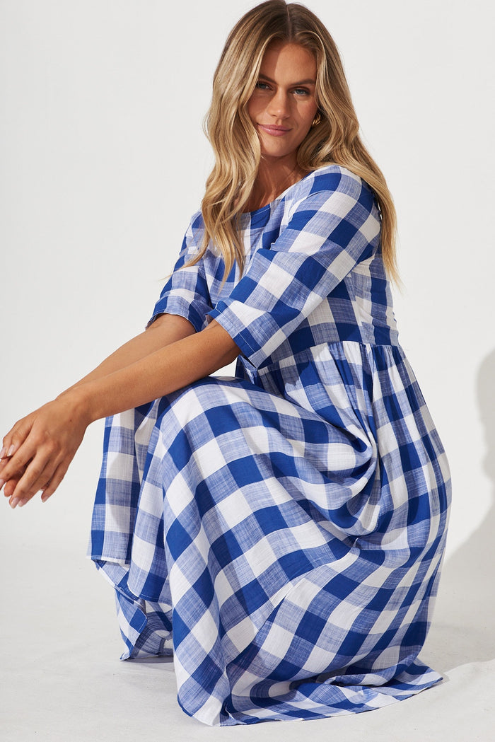 Zara Midi Dress In Cobalt Blue With White Gingham - detail