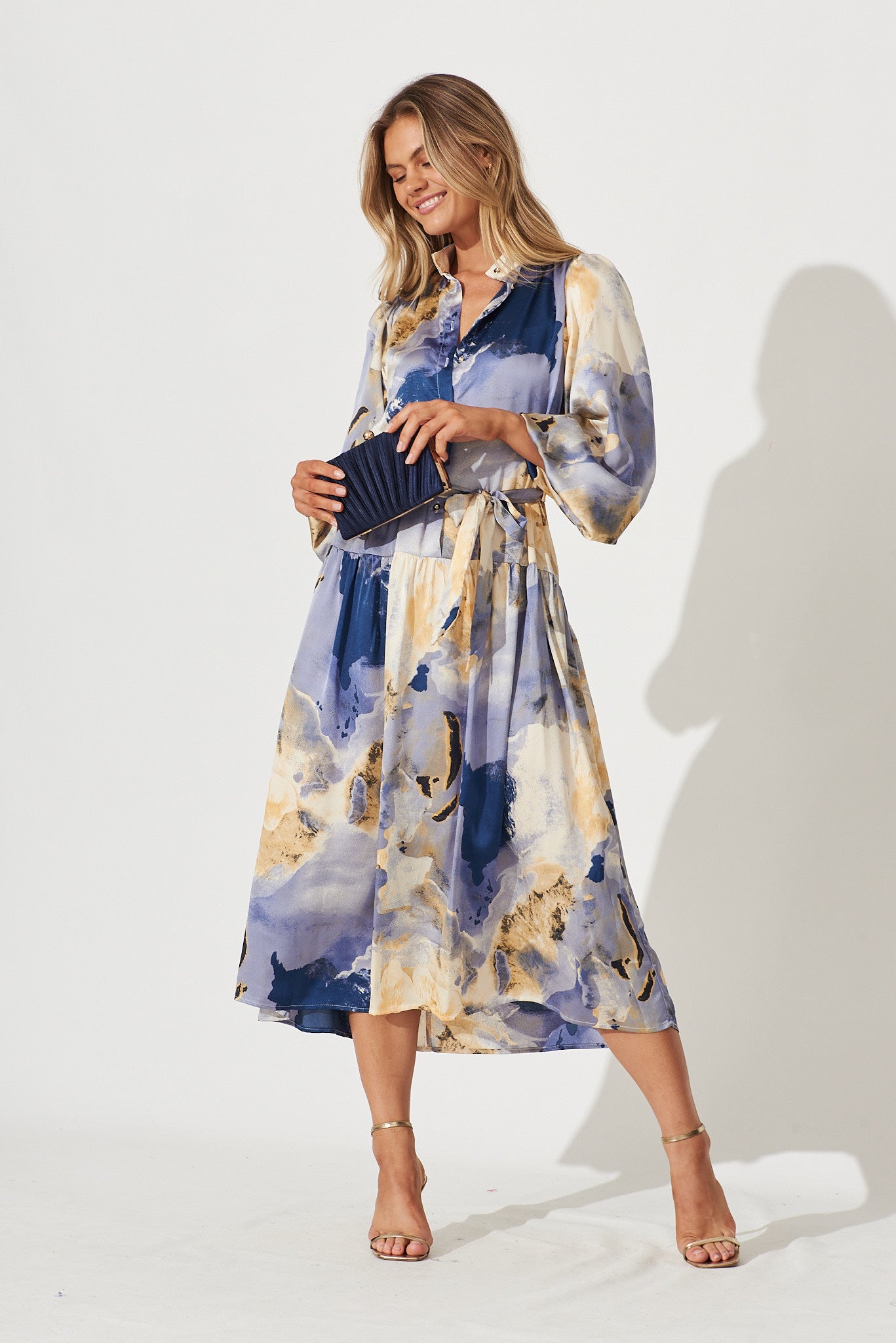 Pippa Maxi Dress In Blues With Beige Print Satin - full length
