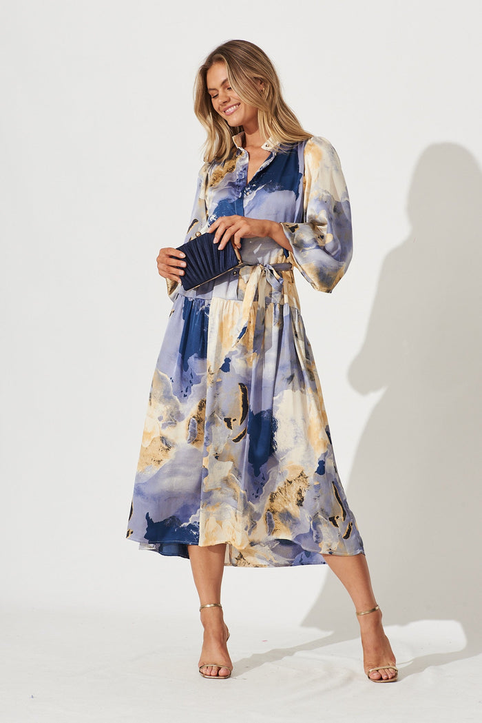 Pippa Maxi Dress In Blues With Beige Print Satin - full length