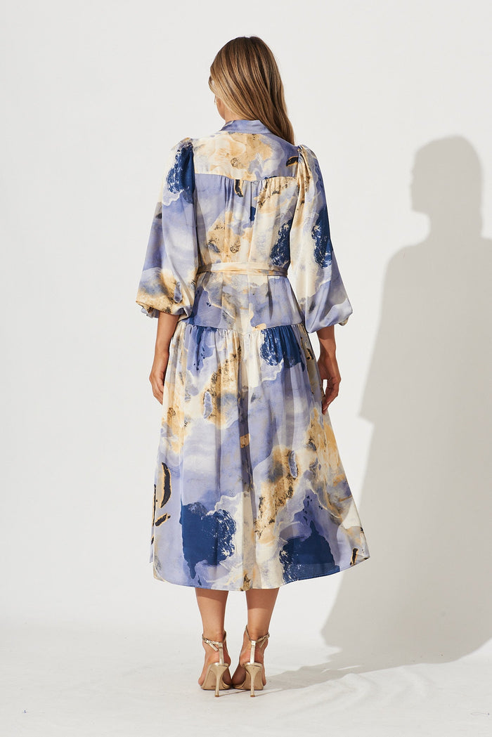 Pippa Maxi Dress In Blues With Beige Print Satin - back