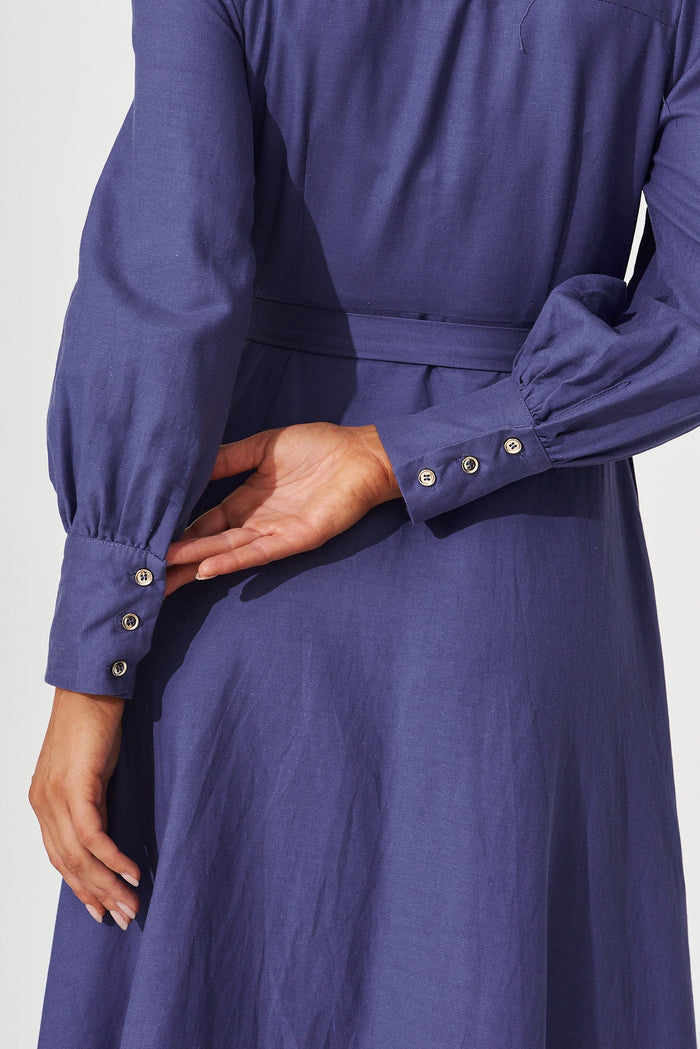 Lysa Midi Shirt Dress In Ocean Blue Linen Blend - detail