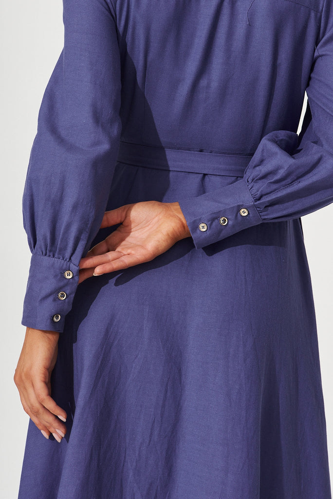 Lysa Midi Shirt Dress In Ocean Blue Linen Blend - detail