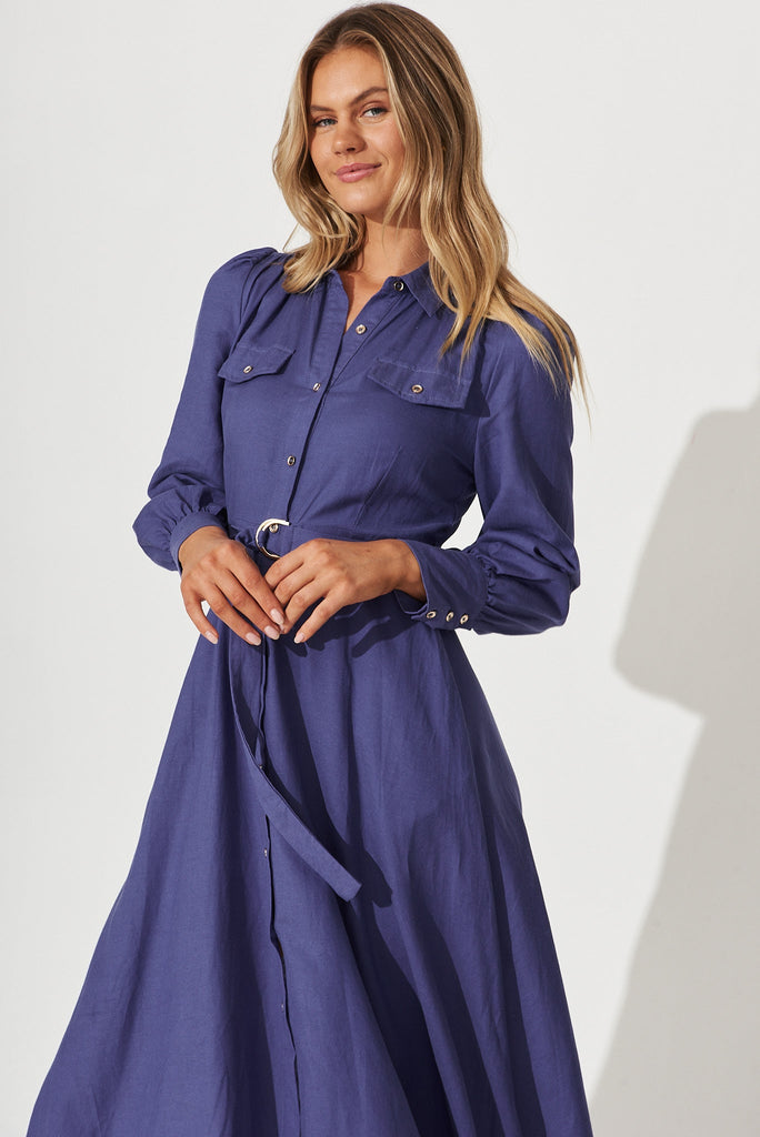 Lysa Midi Shirt Dress In Ocean Blue Linen Blend - front
