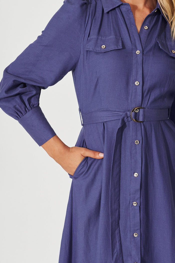Lysa Midi Shirt Dress In Ocean Blue Linen Blend - detail