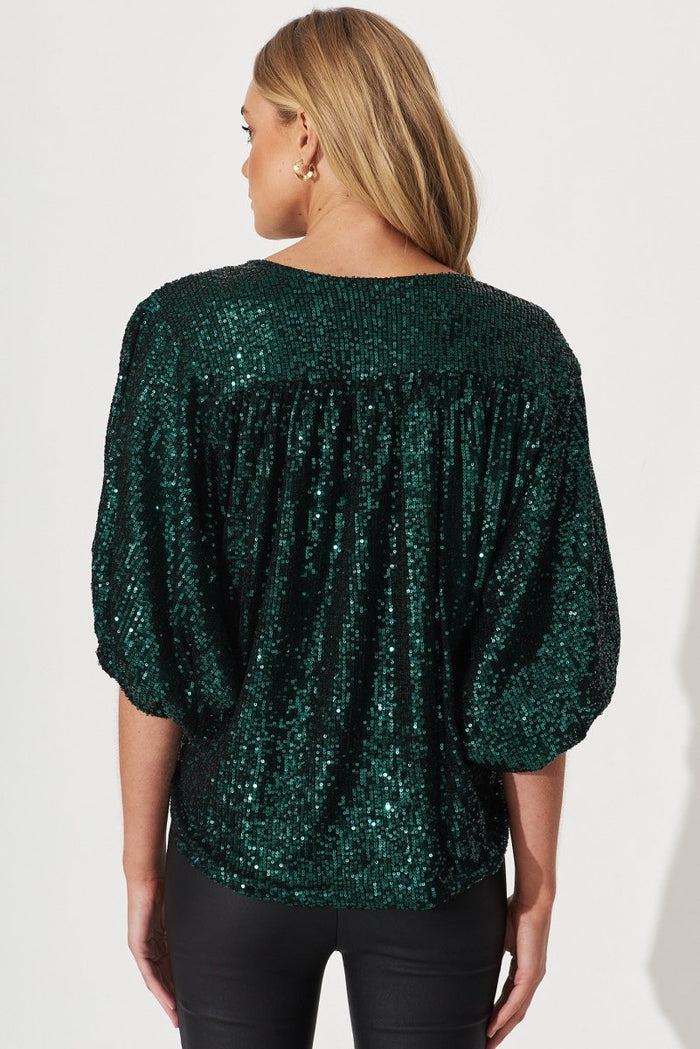 Celebration Sequin Mock Wrap Top In Green - St Frock (Dev)