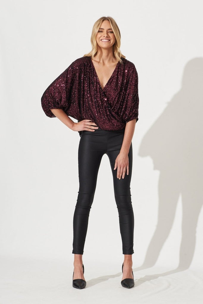 Celebration Sequin Mock Wrap Top In Wine - St Frock (Dev)
