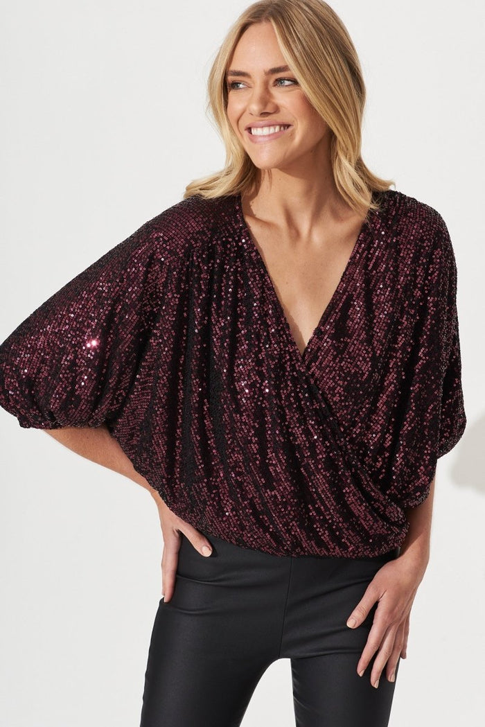 Celebration Sequin Mock Wrap Top In Wine - St Frock (Dev)
