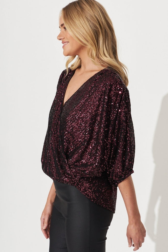 Celebration Sequin Mock Wrap Top In Wine - St Frock (Dev)