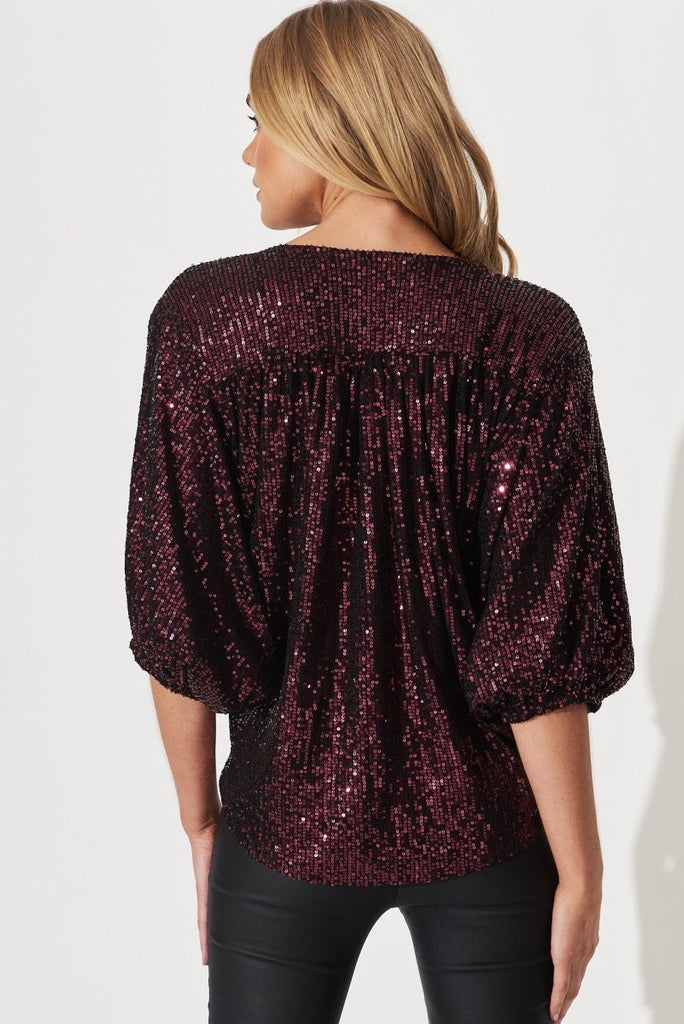 Celebration Sequin Mock Wrap Top In Wine - St Frock (Dev)