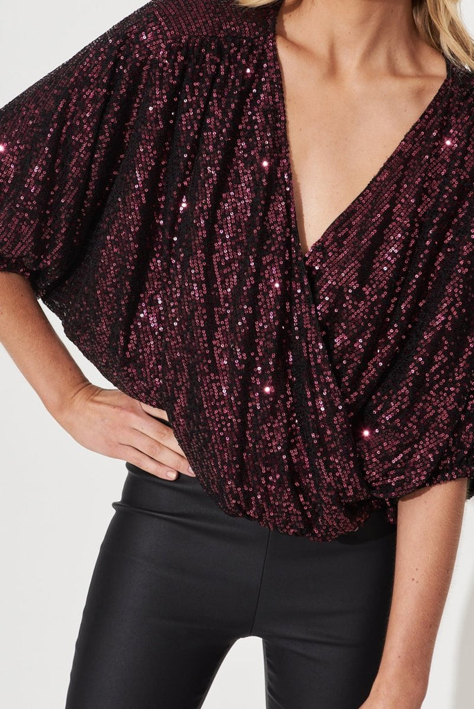 Celebration Sequin Mock Wrap Top In Wine - St Frock (Dev)