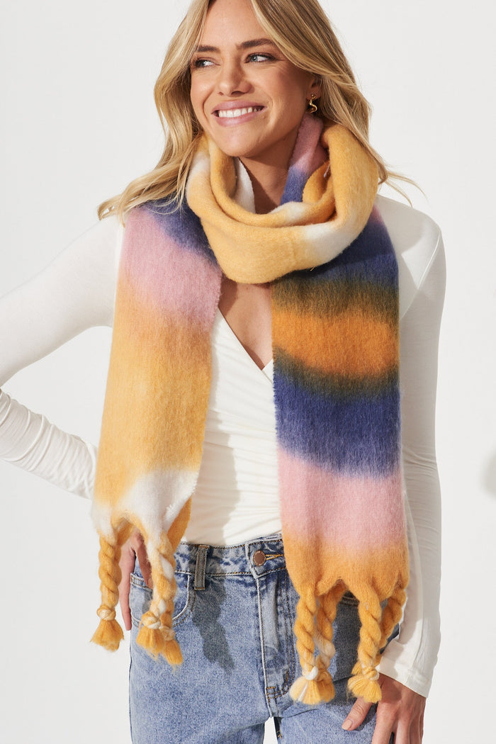 August + Delilah Brenda Knit Scarf In Pink And Mustard Watercolour - front