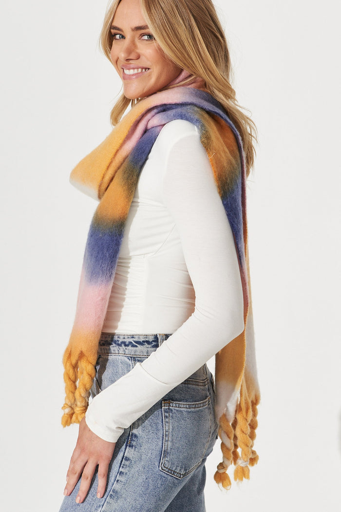 August + Delilah Brenda Knit Scarf In Pink And Mustard Watercolour - side