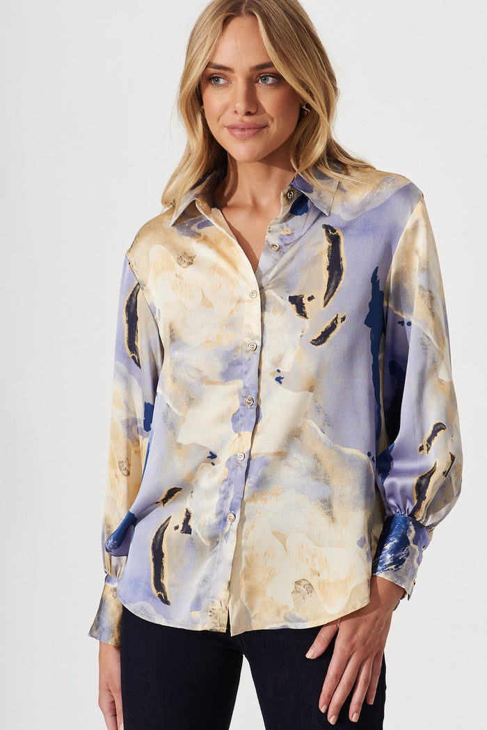 Hinami Shirt In Blue With Beige Print Satin - front
