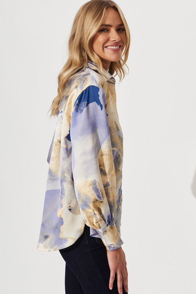 Hinami Shirt In Blue With Beige Print Satin - side