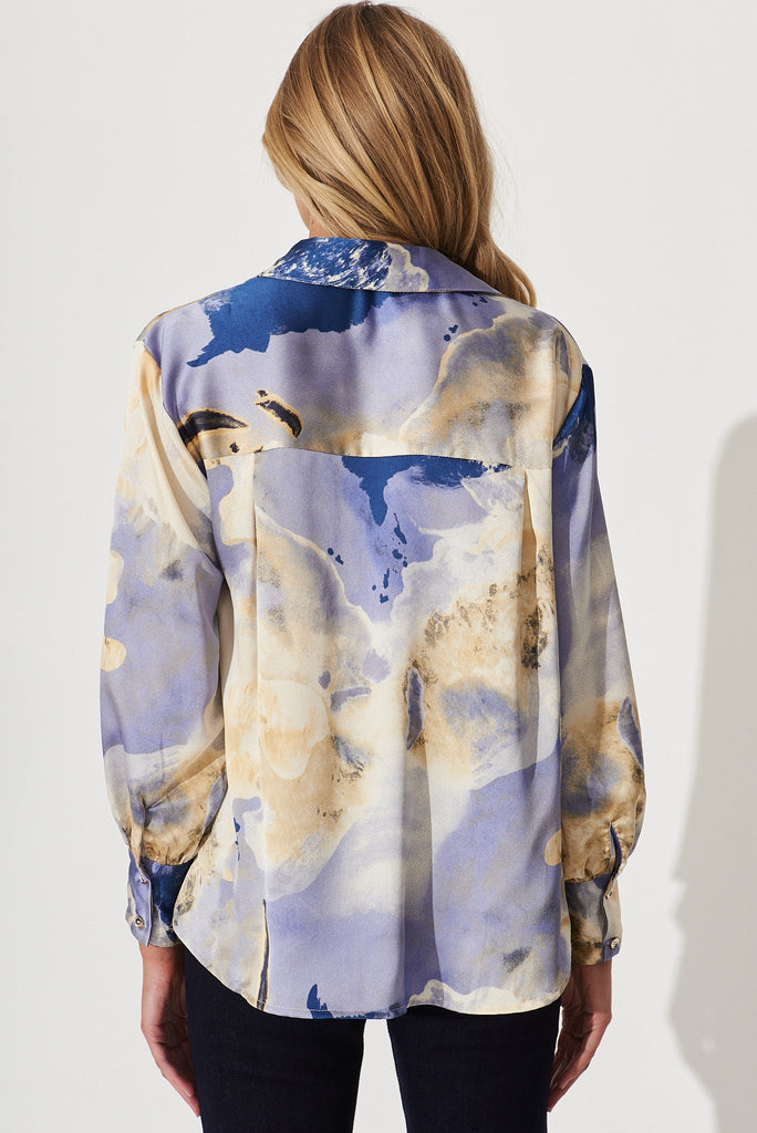 Hinami Shirt In Blue With Beige Print Satin - back