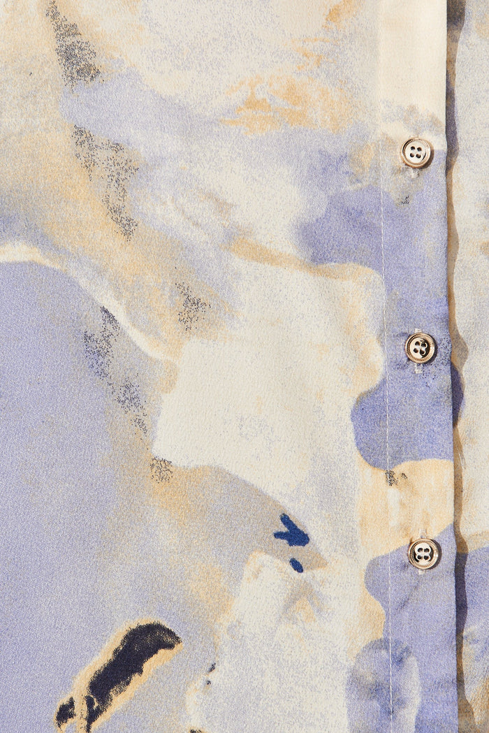 Hinami Shirt In Blue With Beige Print Satin - fabric