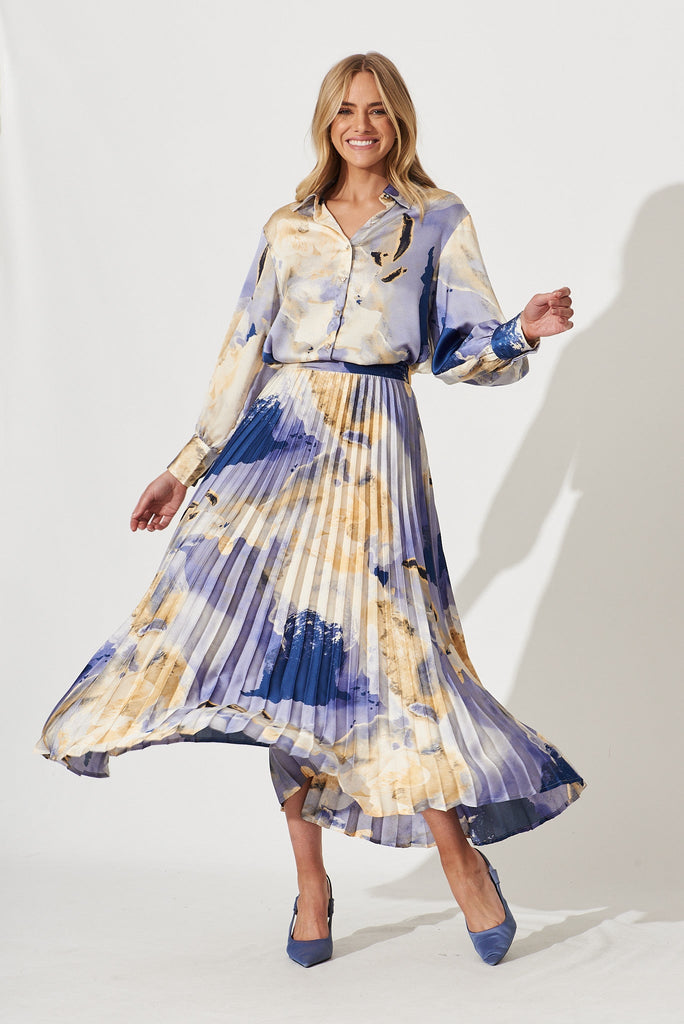 Hinami Shirt In Blue With Beige Print Satin - full length