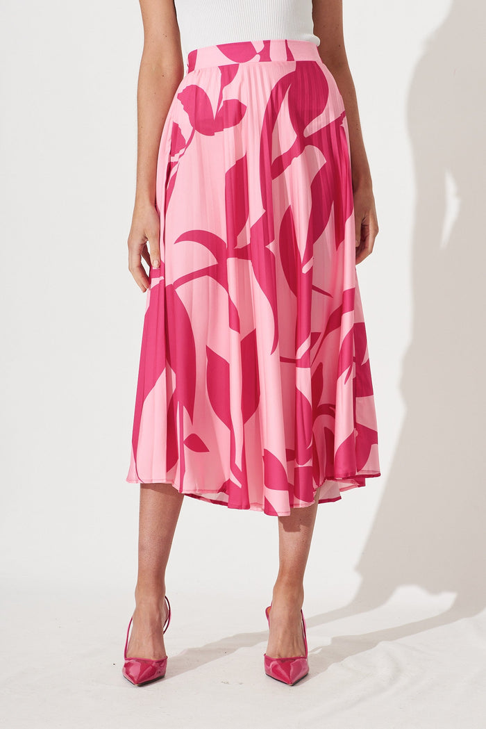 Allied Midi Pleat Skirt In Pink With Fuchsia Print - front