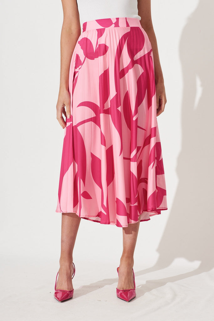 Allied Midi Pleat Skirt In Pink With Fuchsia Print - front