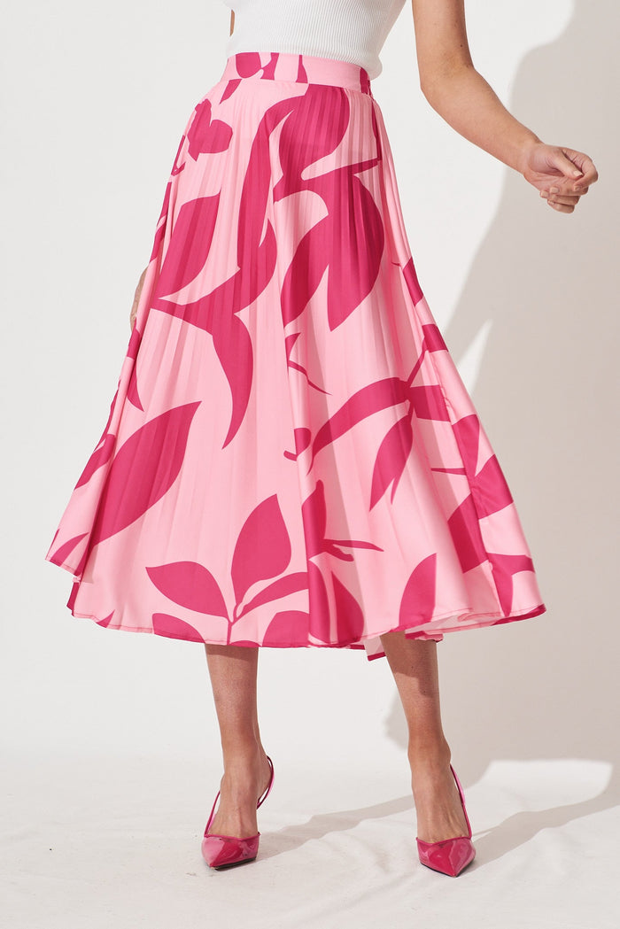 Allied Midi Pleat Skirt In Pink With Fuchsia Print - front