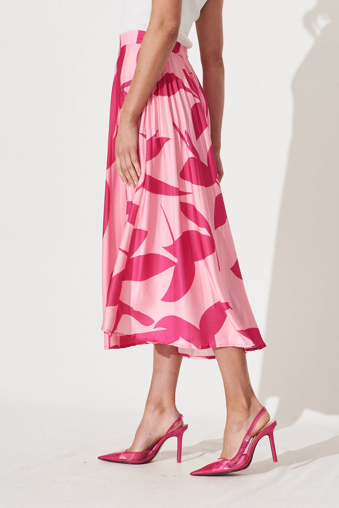 Allied Midi Pleat Skirt In Pink With Fuchsia Print - side