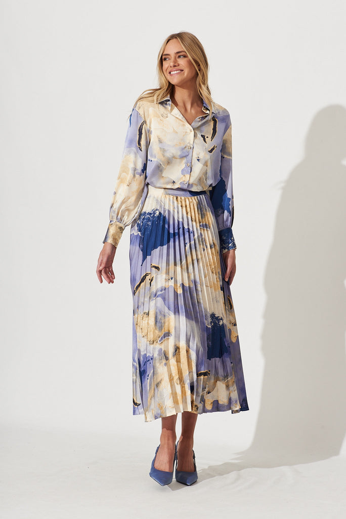 Allison Midi Pleat Skirt In Blue With Beige Print Satin - St Frock (Dev)