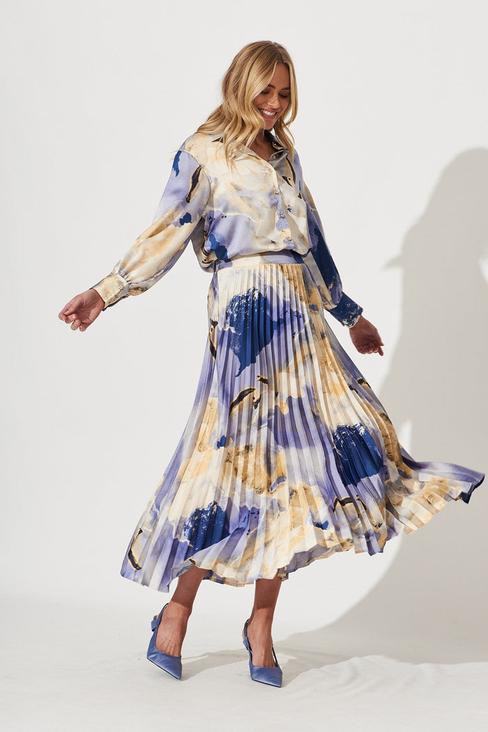 Allison Midi Pleat Skirt In Blue With Beige Print Satin - St Frock (Dev)