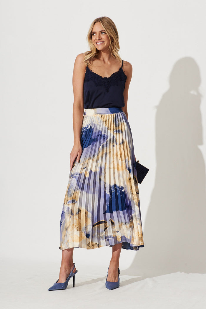 Allison Midi Pleat Skirt In Blue With Beige Print Satin - St Frock (Dev)