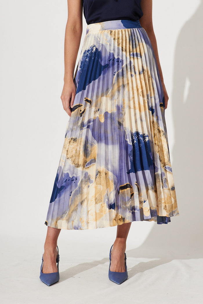 Allison Midi Pleat Skirt In Blue With Beige Print Satin - St Frock (Dev)