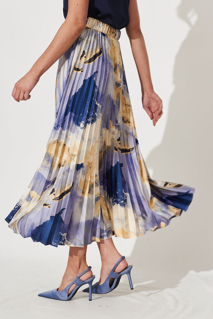 Allison Midi Pleat Skirt In Blue With Beige Print Satin - St Frock (Dev)