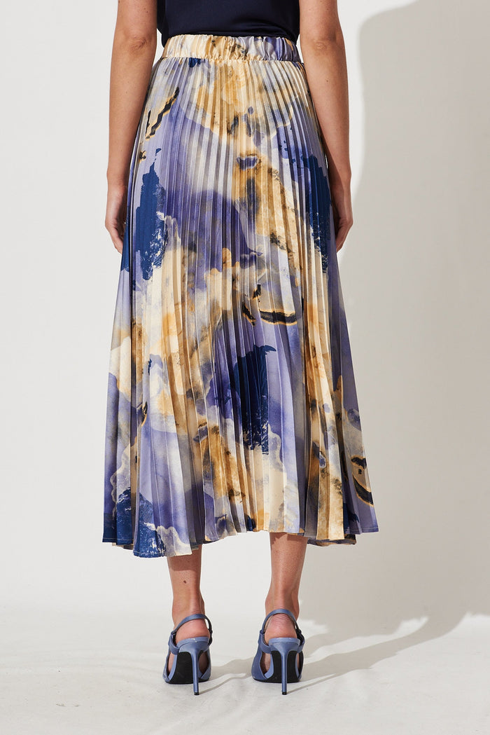 Allison Midi Pleat Skirt In Blue With Beige Print Satin - St Frock (Dev)