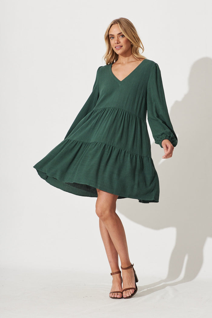 Trixie Tiered Smock Dress In Green Linen - full length