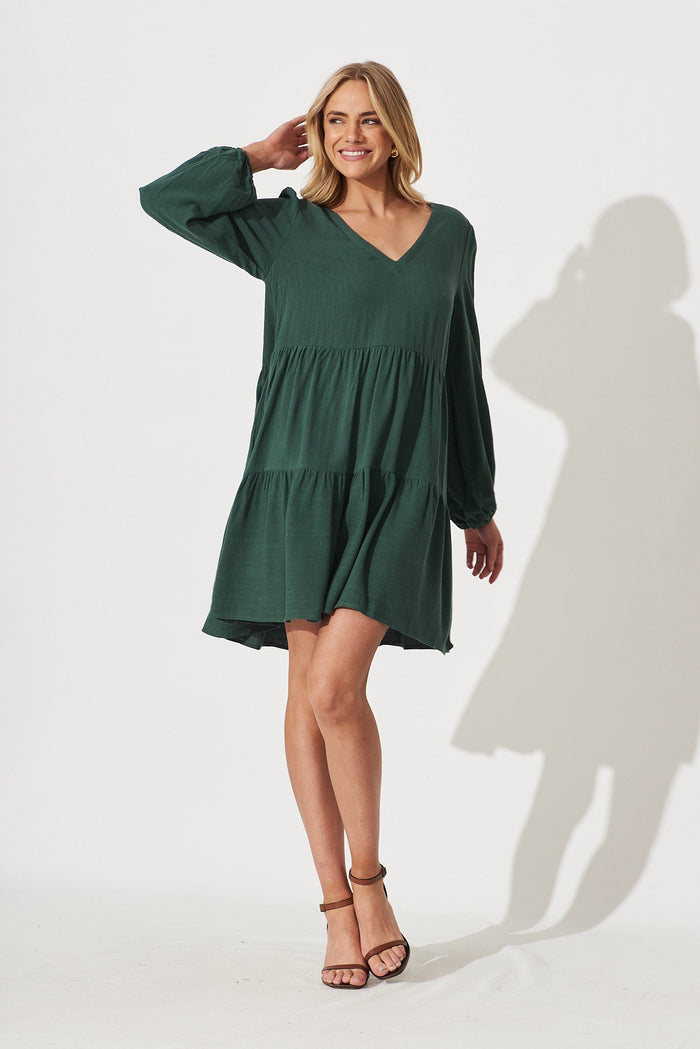 Trixie Tiered Smock Dress In Green Linen - full length