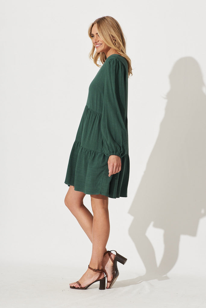 Trixie Tiered Smock Dress In Green Linen - side
