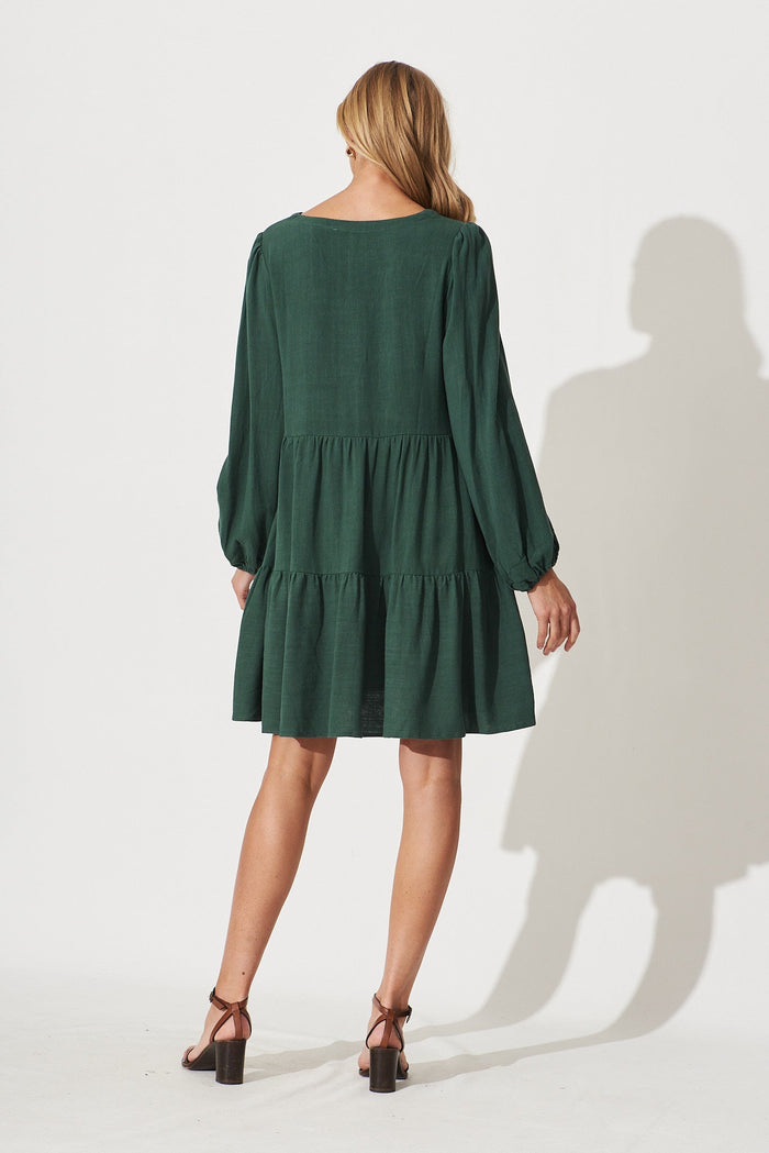 Trixie Tiered Smock Dress In Green Linen - back