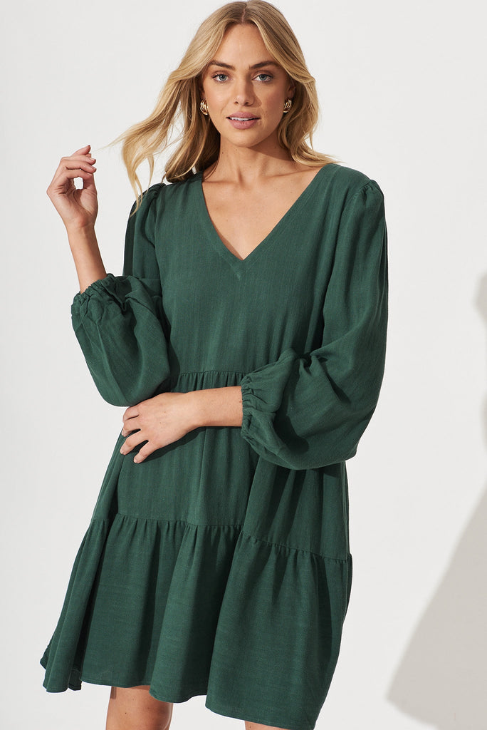 Trixie Tiered Smock Dress In Green Linen - front