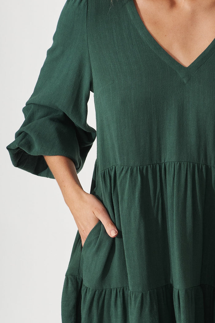 Trixie Tiered Smock Dress In Green Linen - detail
