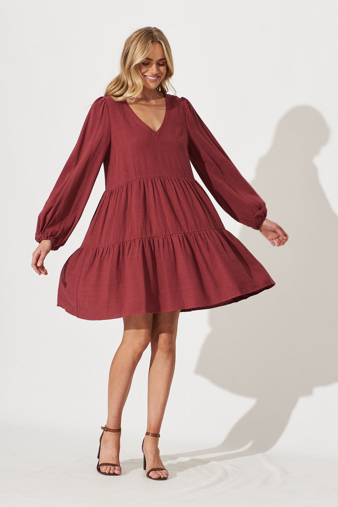 Trixie Tiered Smock Dress In Berry Linen - full length