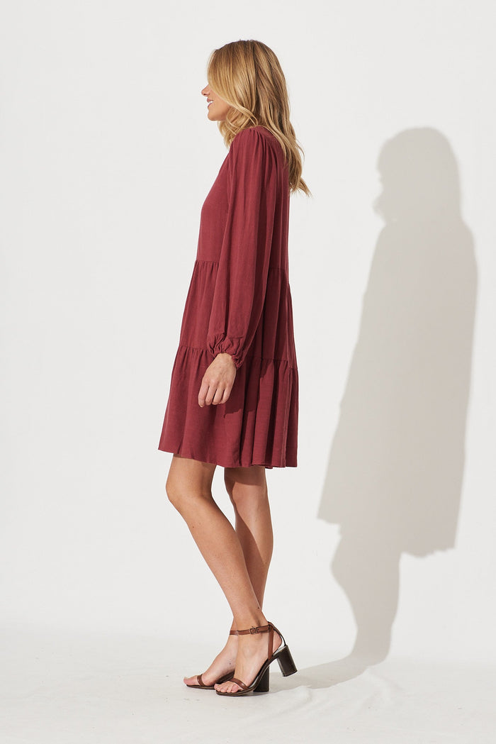 Trixie Tiered Smock Dress In Berry Linen - side