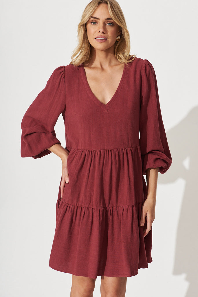 Trixie Tiered Smock Dress In Berry Linen - front