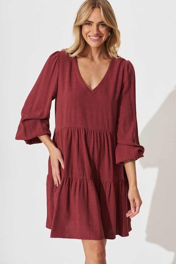 Trixie Tiered Smock Dress In Berry Linen - front